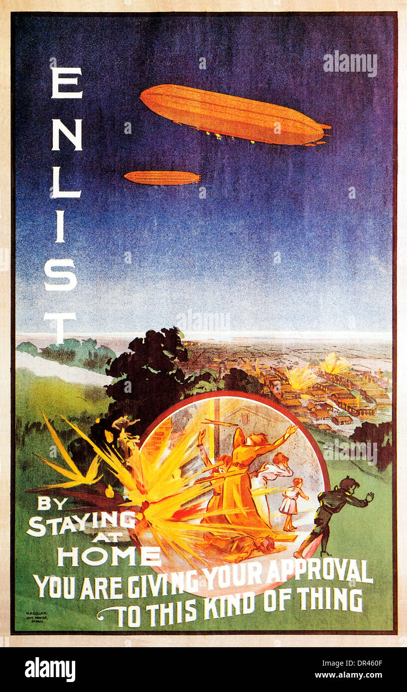 S'enrôler, Zeppelin, 1916 affiche de recrutement de l'Australie montrant bombardements allemands de civils en Angleterre par dirigeables Banque D'Images