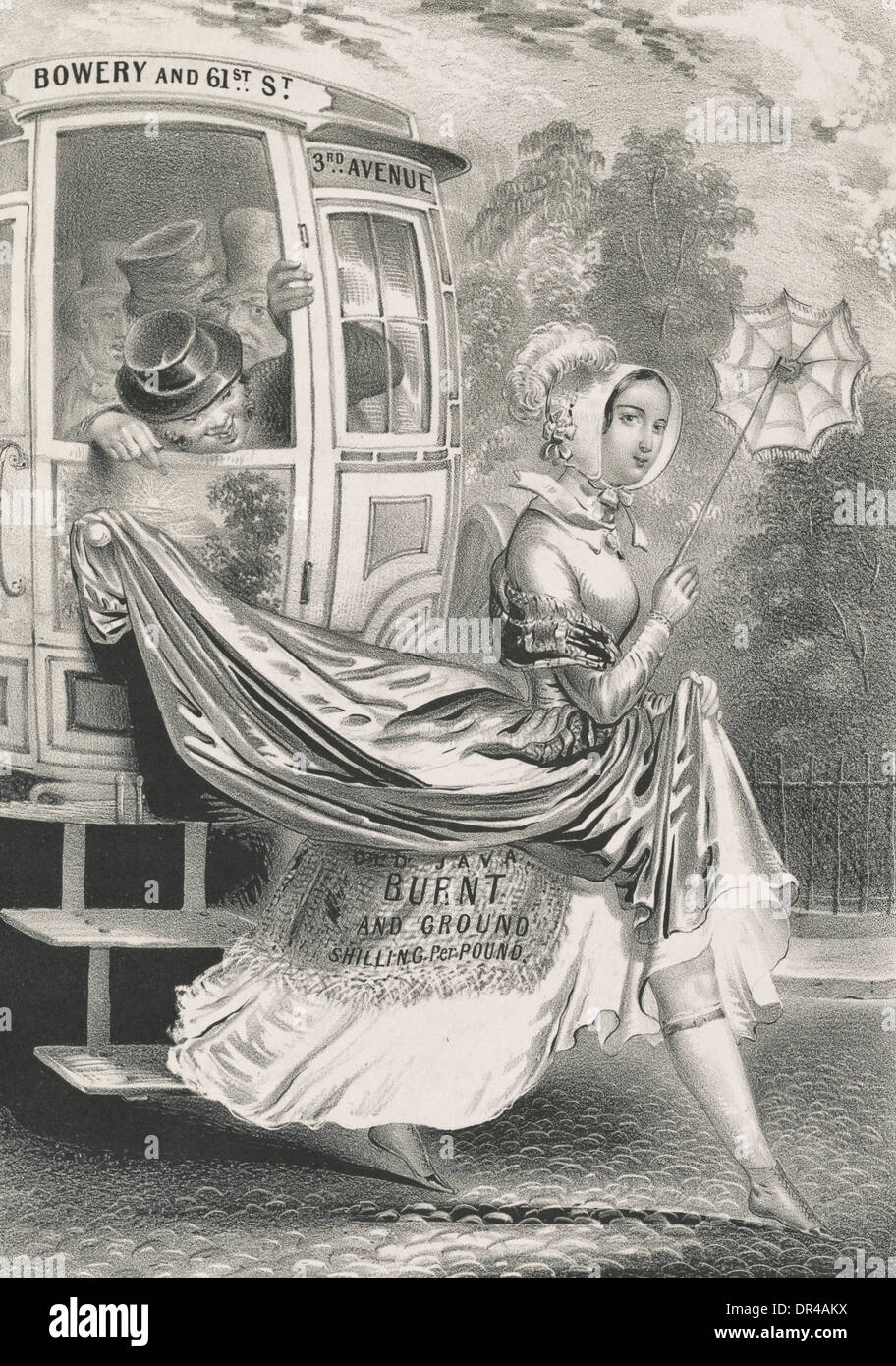 L'inconvénient de porter des jupes sac café - une robe de femme est tirée vers le haut comme elle sort un tramway, vers 1848 Banque D'Images