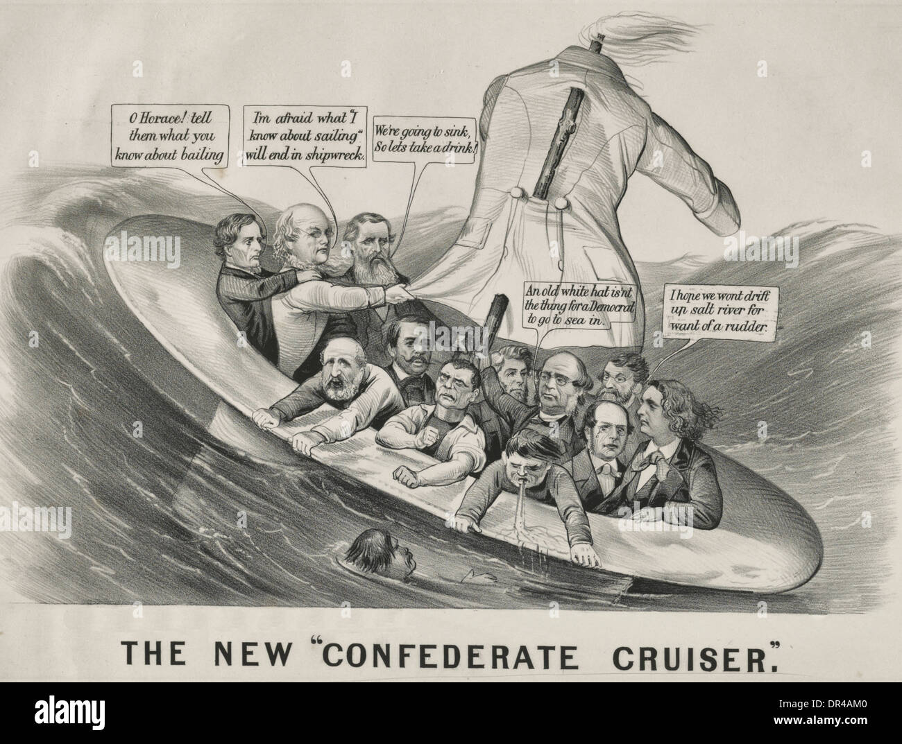 Le nouveau croiseur confédéré - caricature politique pour l'élection présidentielle de 1872 aux Etats-Unis montrant Horace Greeley en bateau avec Jefferson Davis Banque D'Images