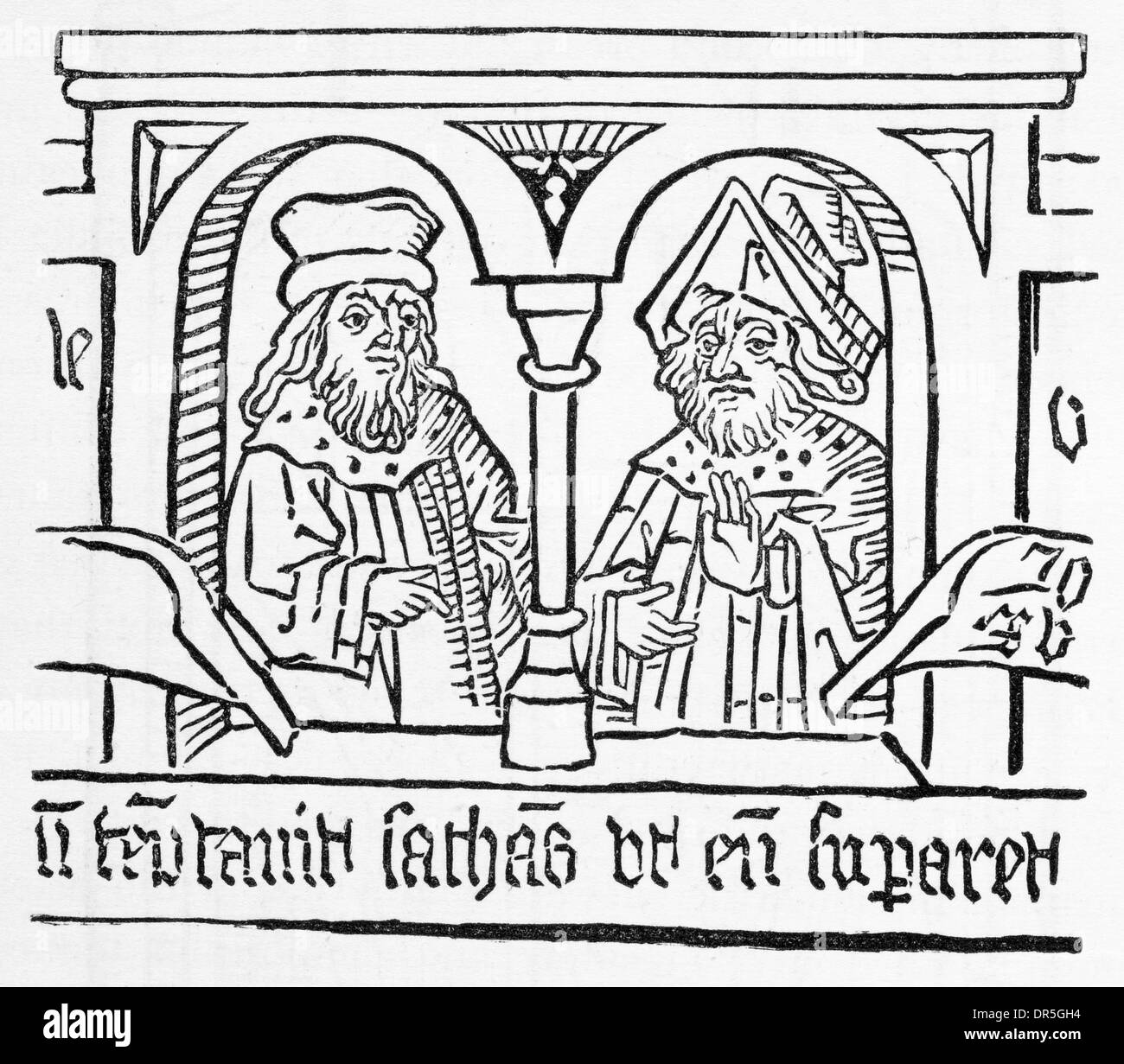 Couper du bois des pauvres prêcheurs Bible montrant deux marchands fin du 15e siècle Banque D'Images
