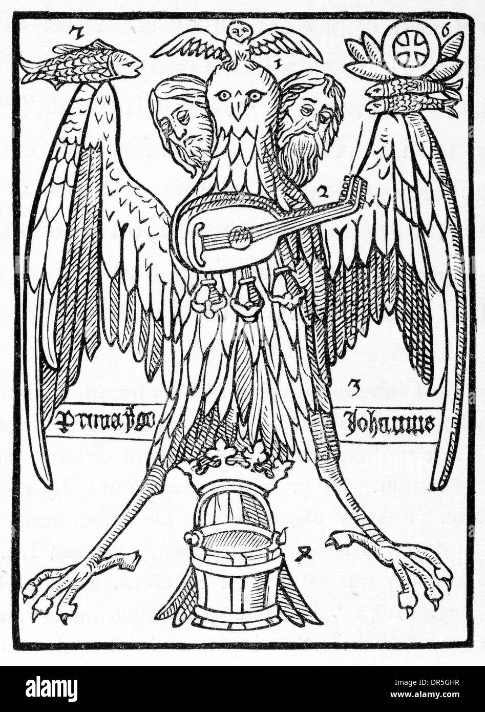 Début XV siècle livre Ars Memorandi Bloc illustrant la page pains et poissons parabole. Banque D'Images