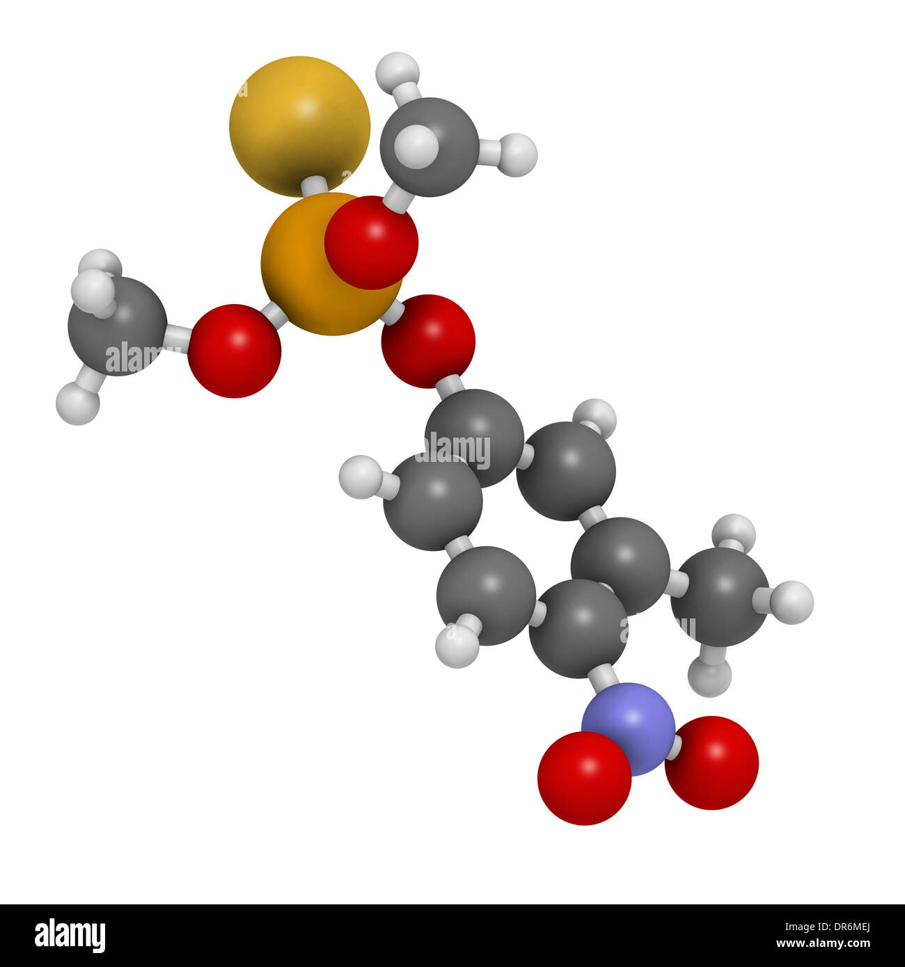 Insecticide fénitrothion phosphorothioate molécule. Les atomes sont représentés comme des sphères classiques avec code couleur. Banque D'Images