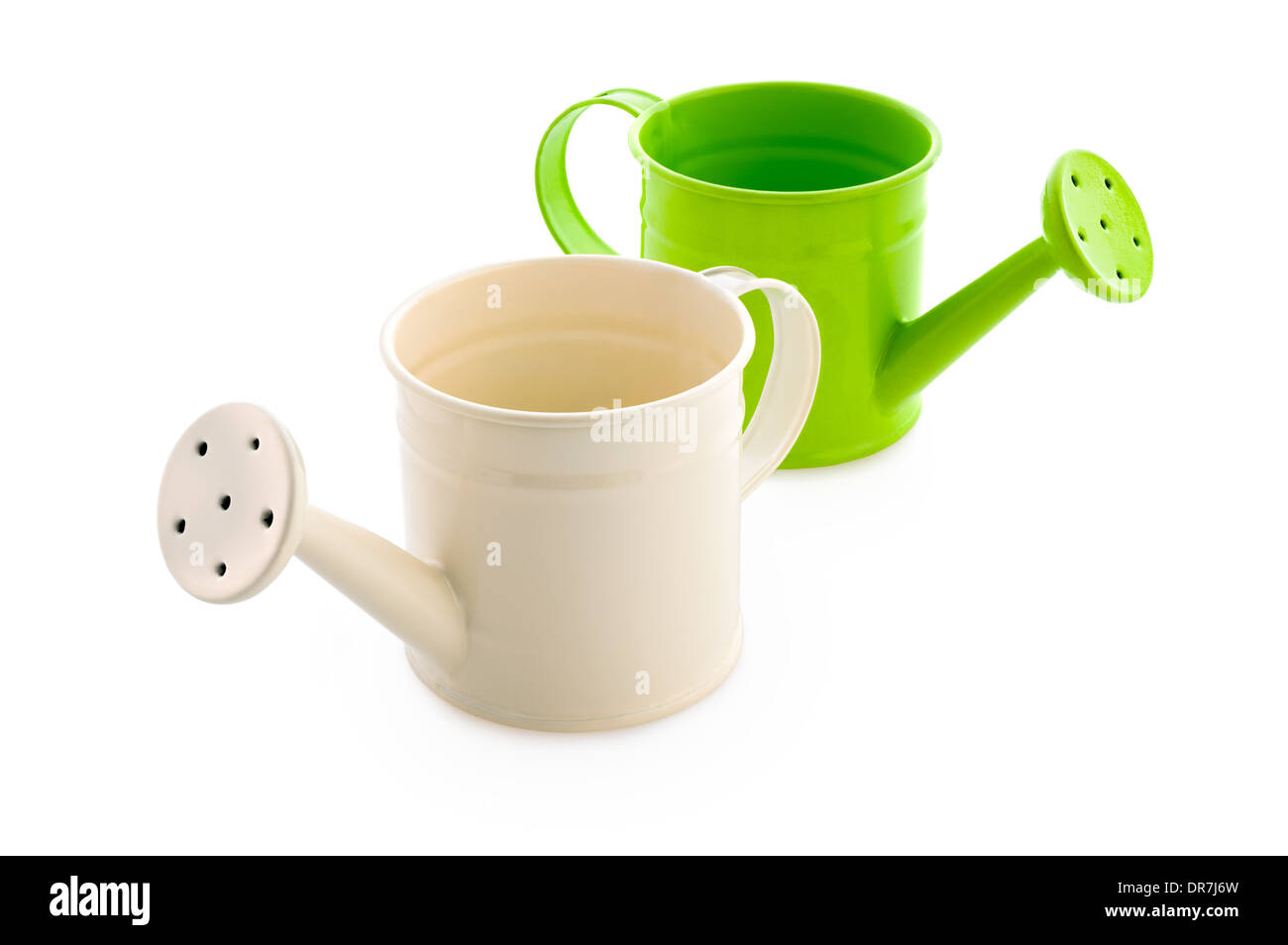 Jardinage : vert et blanc, arrosoirs, isolé sur fond blanc Banque D'Images