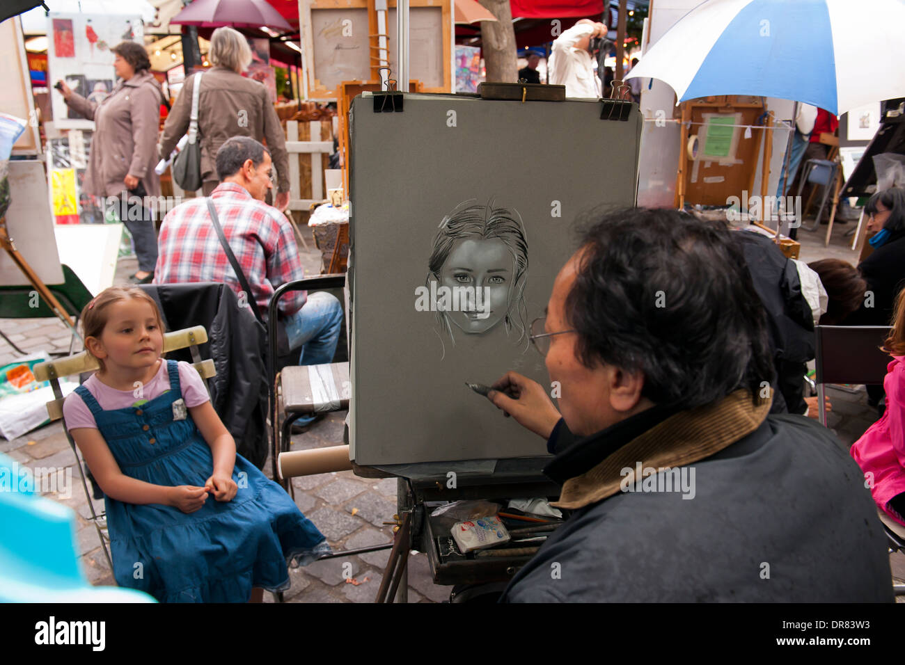 Dessin de l'artiste portrait de jeune fille, Montmartre, Paris, France Banque D'Images