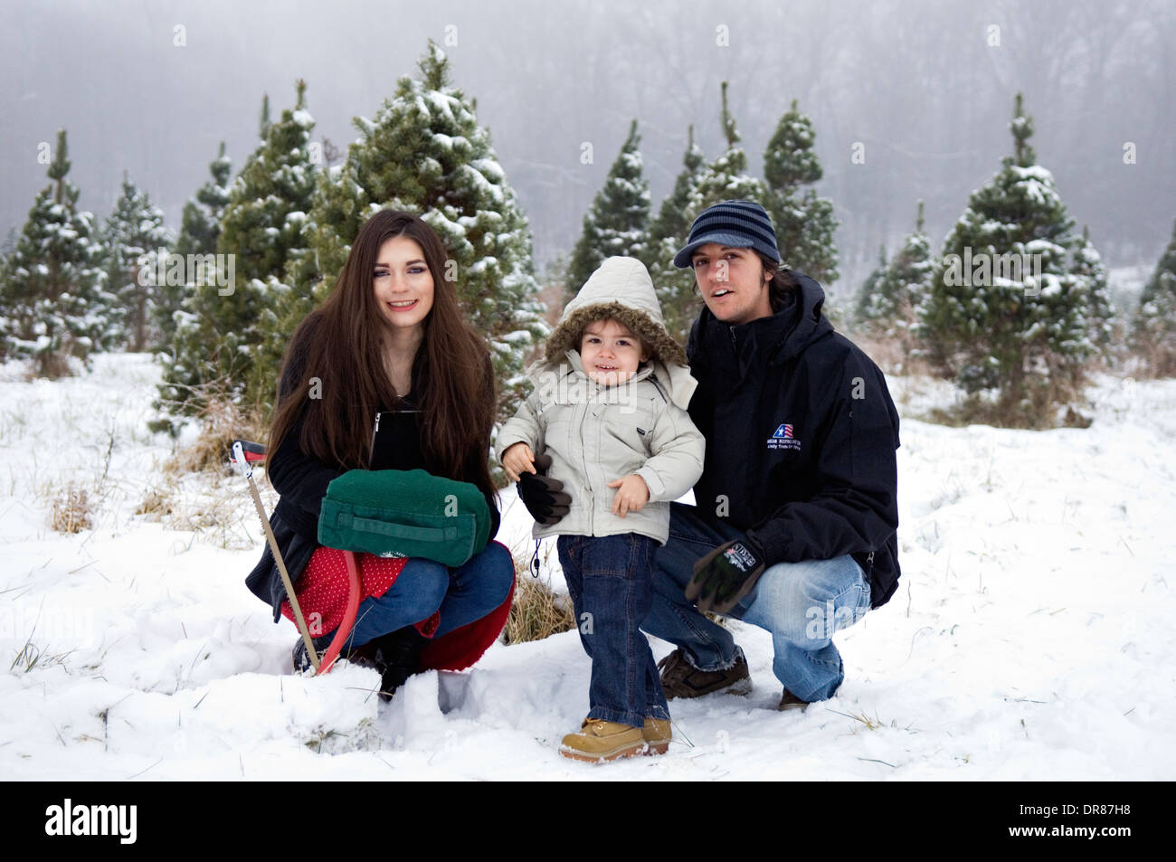 Jeune famille à un coupé Christmas Tree Farm dans l'Indiana Suthern Banque D'Images