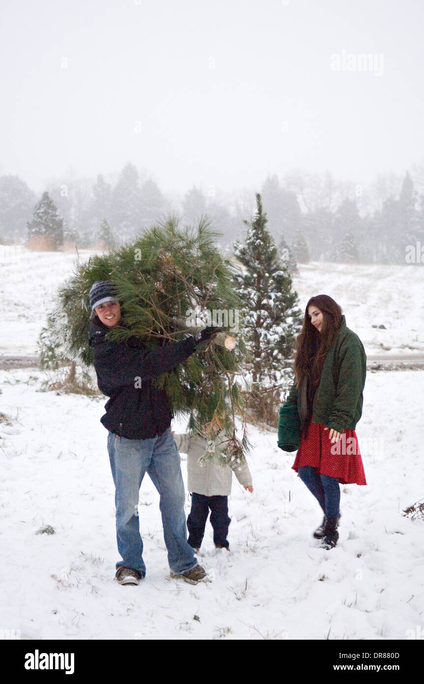 Jeune famille avec leurs arbres de Noël fraîchement coupés sur un Coupé Christmas Tree Farm dans le sud de l'Indiana Banque D'Images