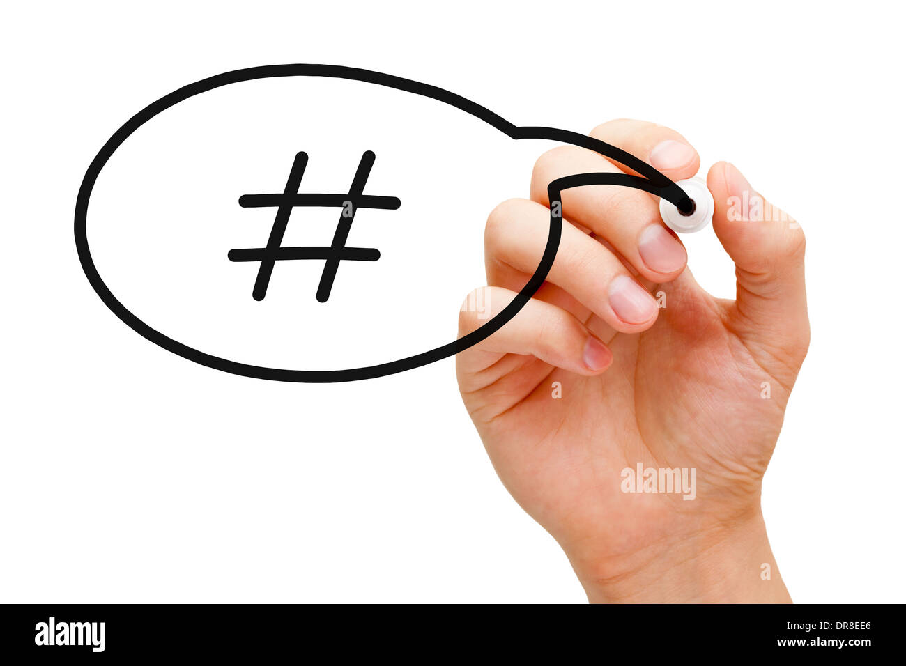Croquis à main Bulle Hashtag Concept avec marqueur noir sur transparent d'essuyer. Banque D'Images