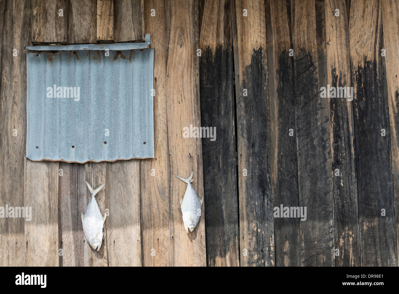 Le séchage du poisson à l'extérieur de pêcheur rustique vieille maison de bois à koh rong Cambodge Banque D'Images