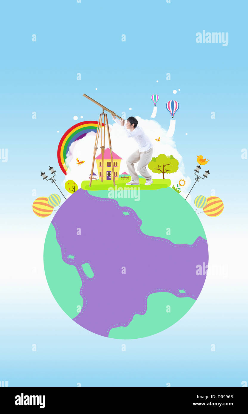 Un homme debout sur un globe illustré Banque D'Images