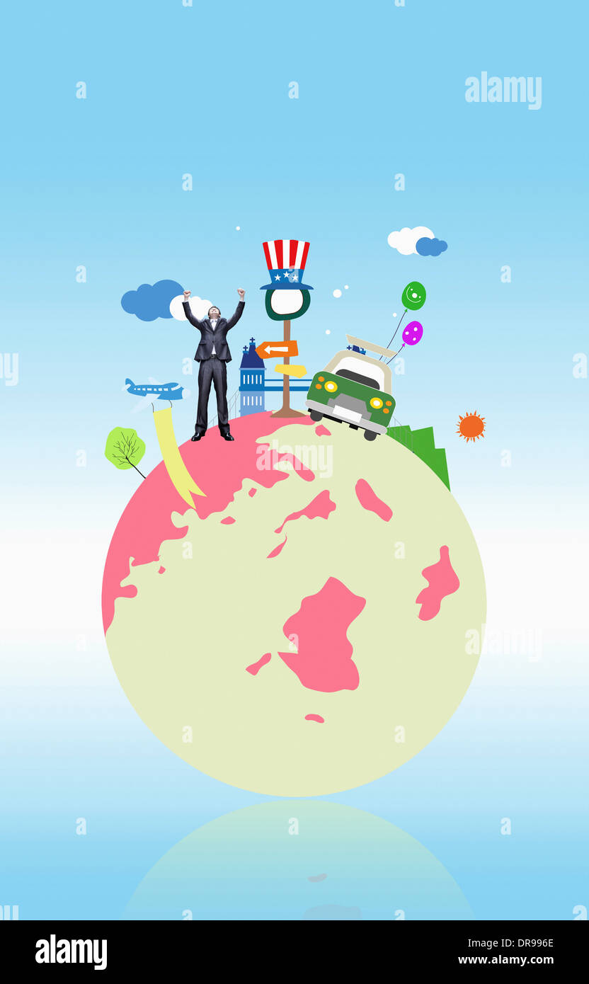 Un homme debout sur un globe illustré Banque D'Images