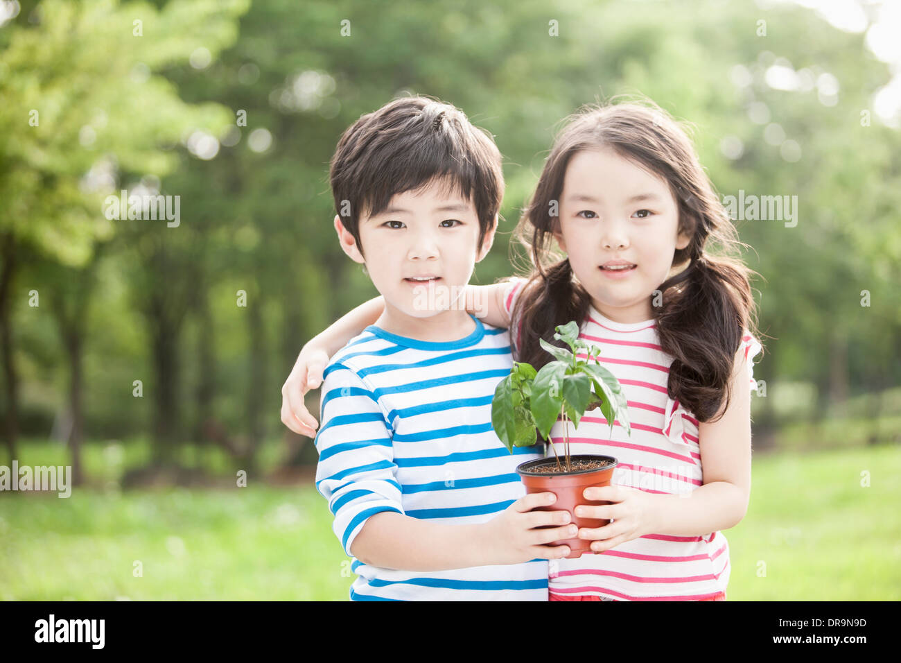 Kids holding a plant Banque D'Images