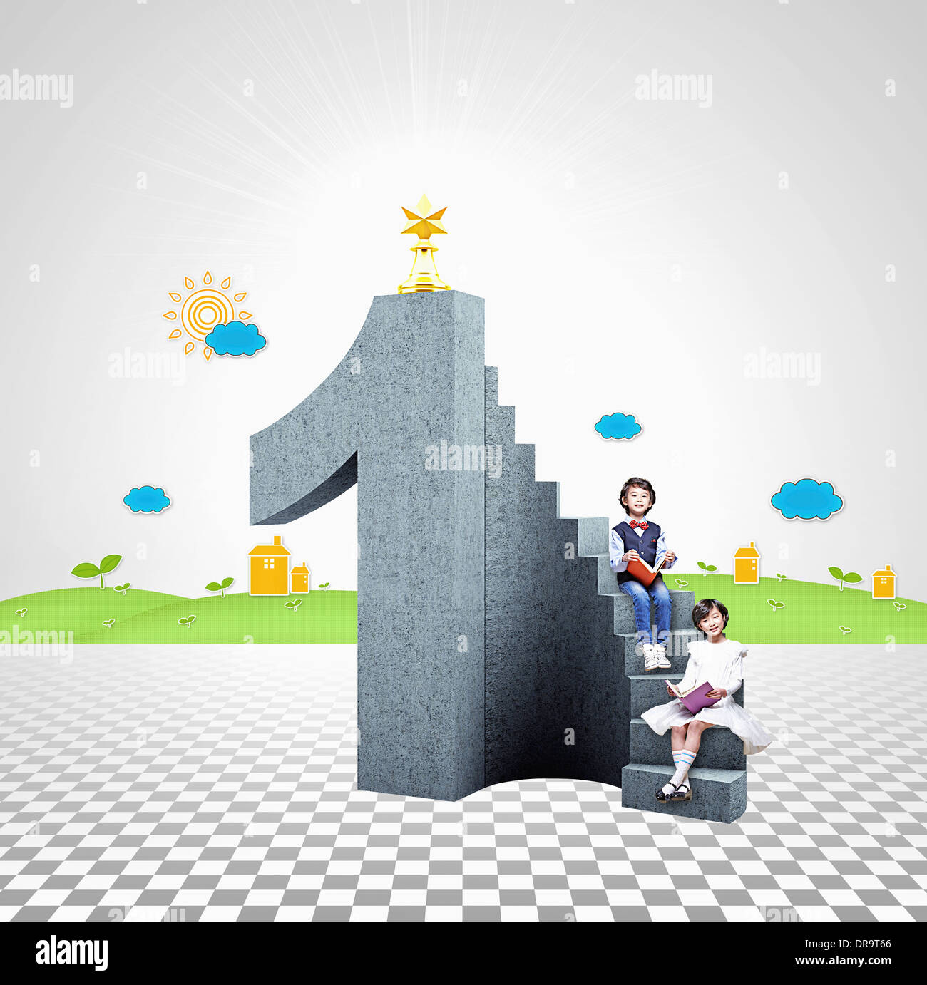 Les enfants assis sur un escalier numéro un Banque D'Images