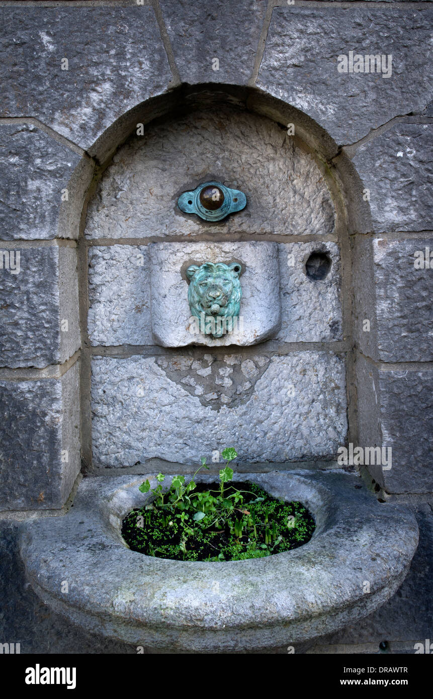 Construit à l'époque de l'eau courante était rare, cette fontaine d'eau potable a maintenant des fleurs dans le bol Banque D'Images