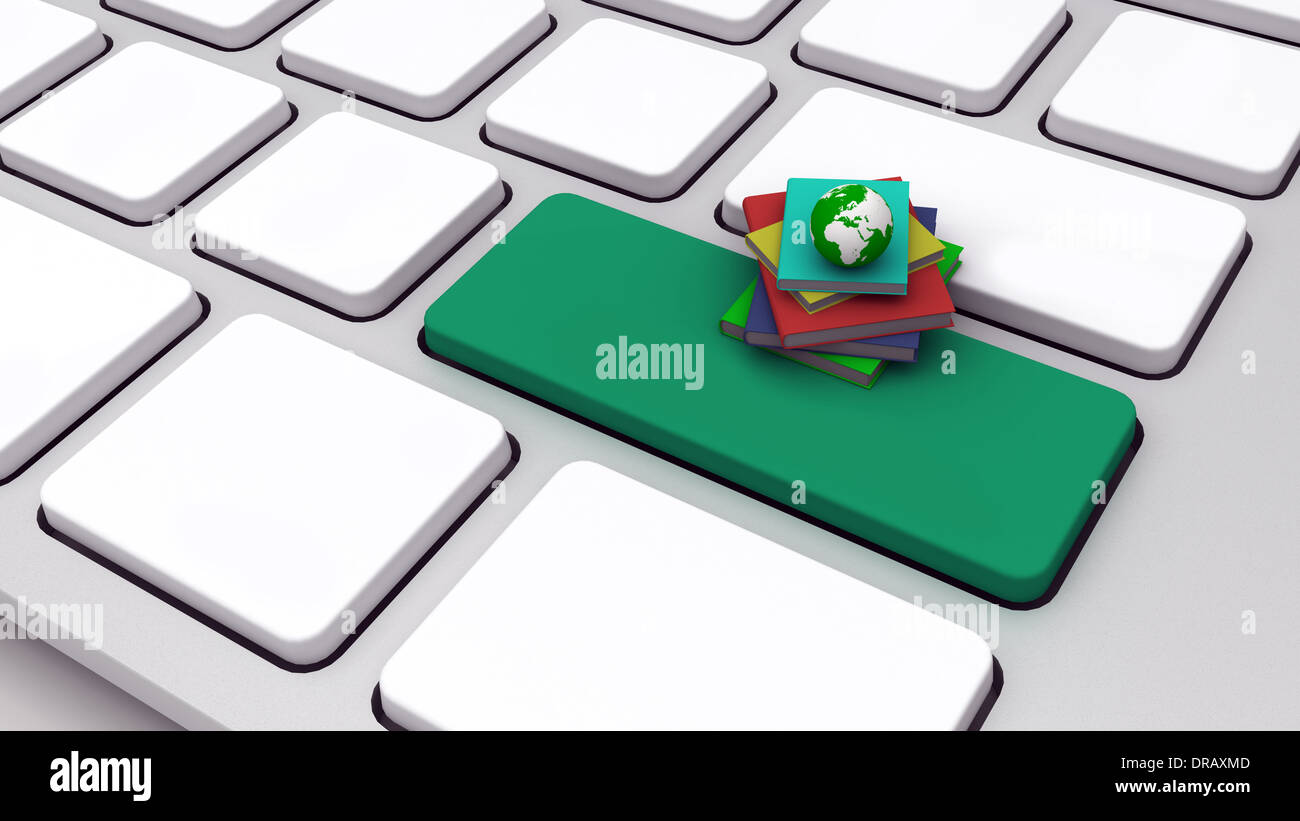 Pile de livres avec globe sur clavier Banque D'Images