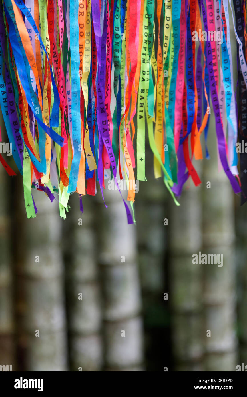 Carnaval brésilien coloré lembranca rubans souhaite contre forêt de bambou jungle background Banque D'Images