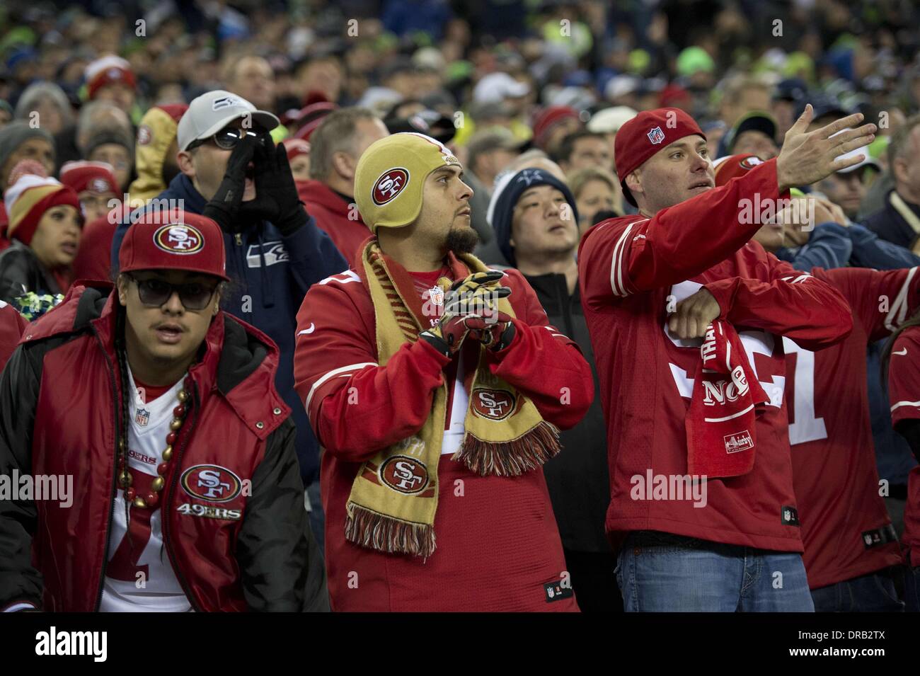 Seattle, laver, USA. 19 Jan, 2014. San Francisco fans réagir que leur équipe est comparable à une défaite 23-17 au cours du match de championnat NFC entre les San Francisco 49ers et les Seahawks de Seattle au champ CenturyLink à Seattle, Washington le Dimanche, Janvier 19, 2014. © Hector Amezcua/Sacramento Bee/ZUMAPRESS.com/Alamy Live News Banque D'Images