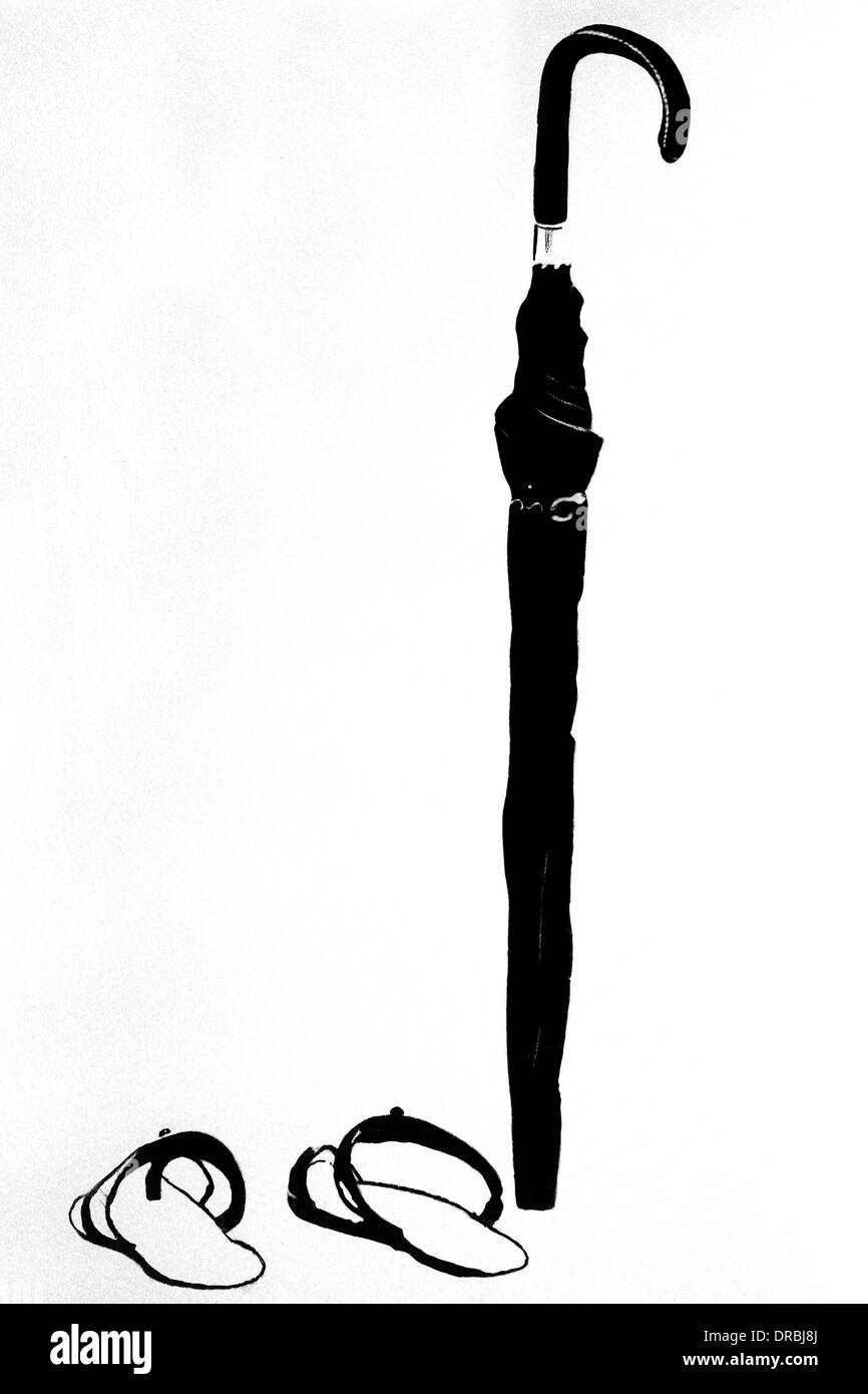Chappalls et parapluie, Juhu Beach, Mumbai, Maharashtra, Inde, 1985 Banque D'Images