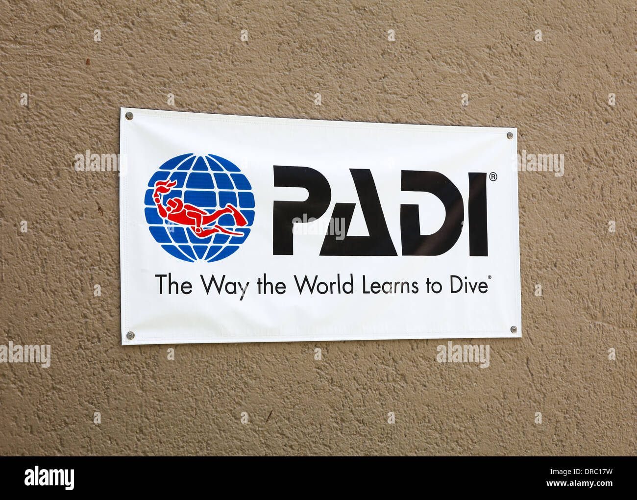 PADI : Professional Association of Diving Instructors signe sur un mur : "la façon dont le monde apprend à plonger' Banque D'Images