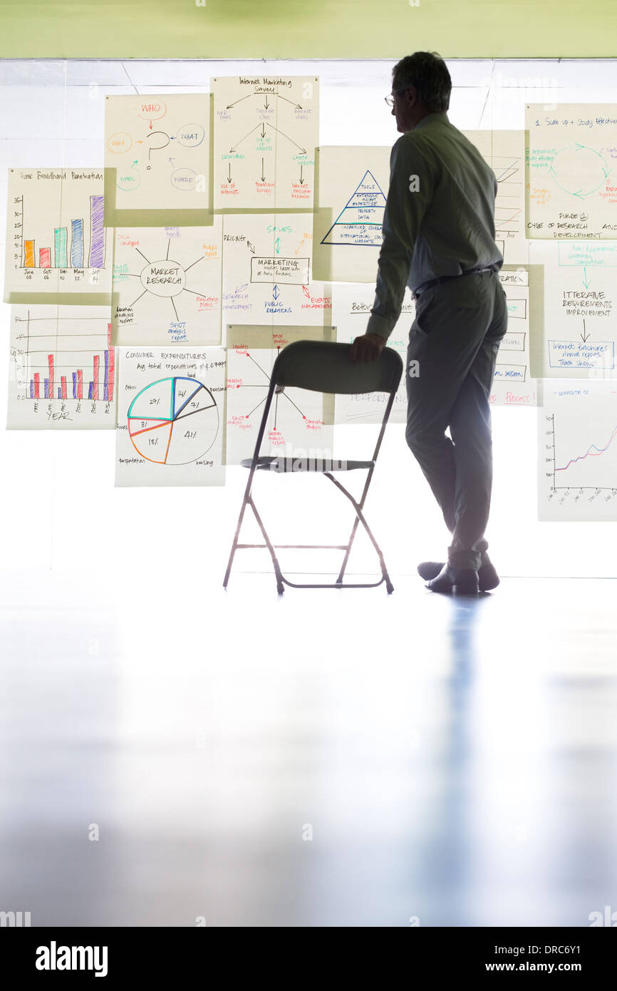 Businessman affichage des tableaux et des graphiques sur office wall Banque D'Images