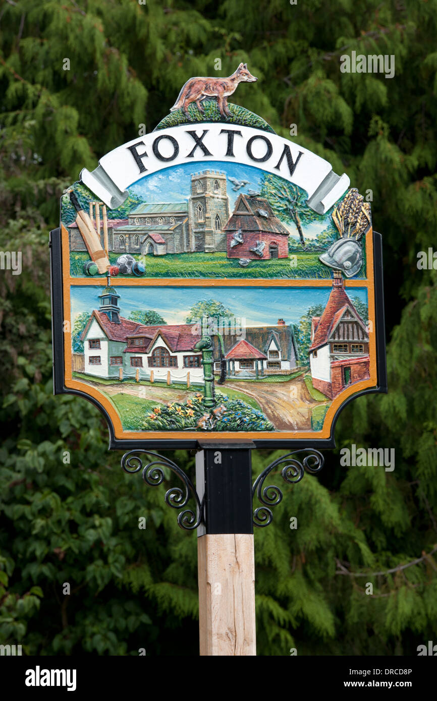 Foxton panneau du village, Cambridgeshire, Angleterre, Royaume-Uni. Banque D'Images