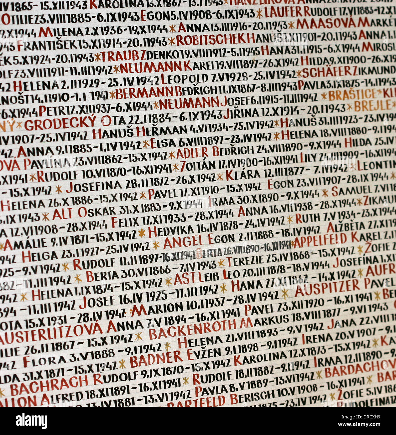 République tchèque. Prague. Synagogue Pinkas. Les noms des victimes de l'holocauste sur les murs. Banque D'Images