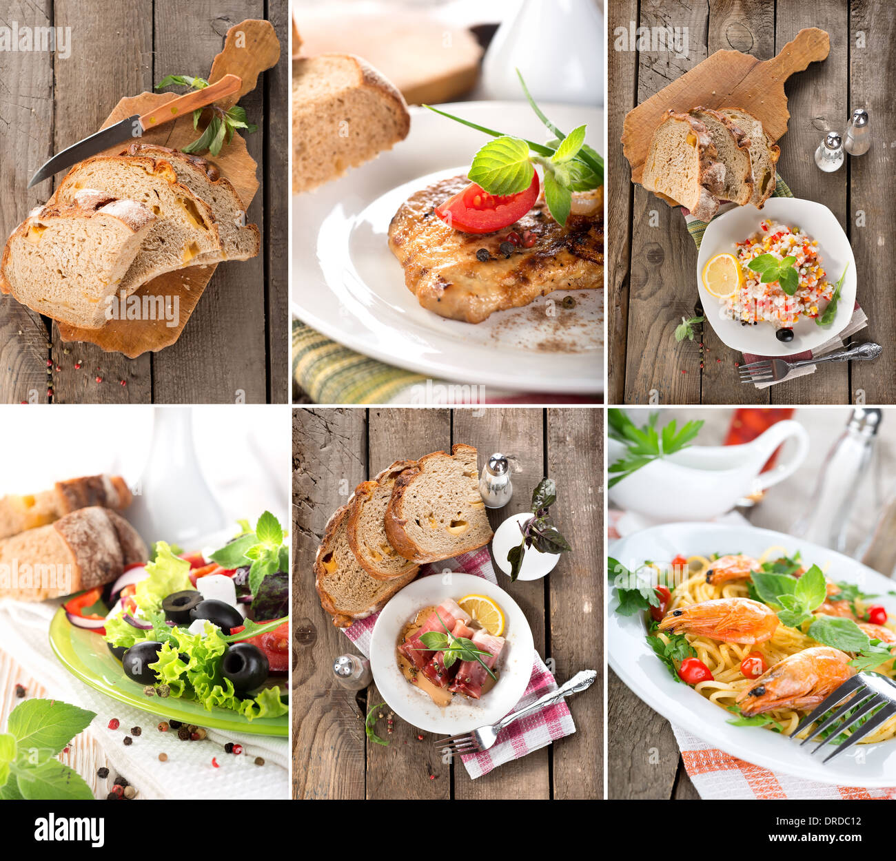 Collage de plats préparés de viandes, de céréales Banque D'Images