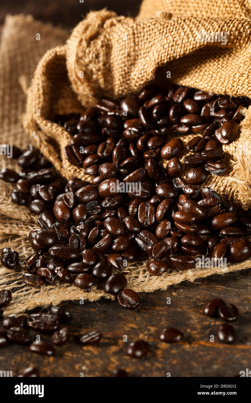 Les grains de café foncé organique sur un arrière-plan Banque D'Images