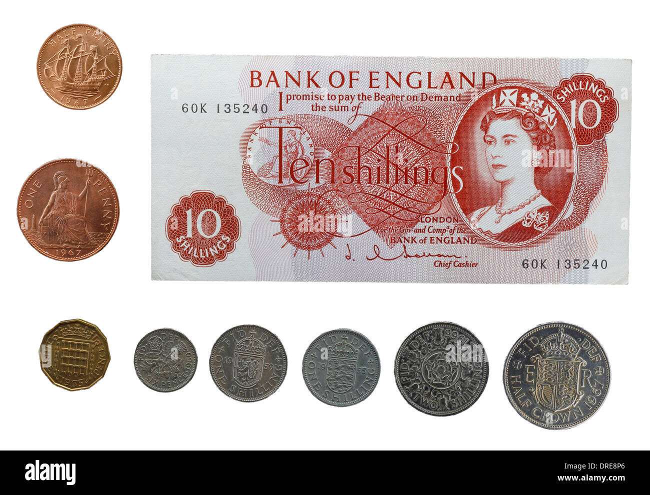 Billet de 10 shillings décimal avant et pièces, UK, 1960 Banque D'Images
