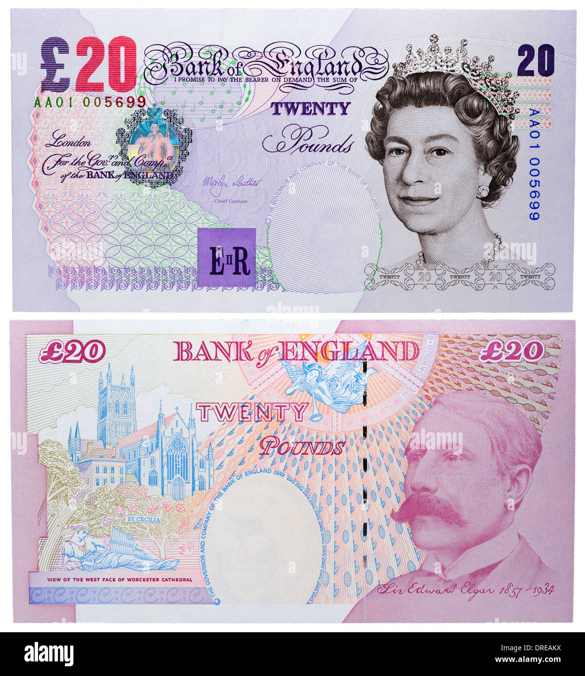 Billet de 20 livres, la reine Elizabeth II et Sir Edward Elgar, UK, 1999 Banque D'Images