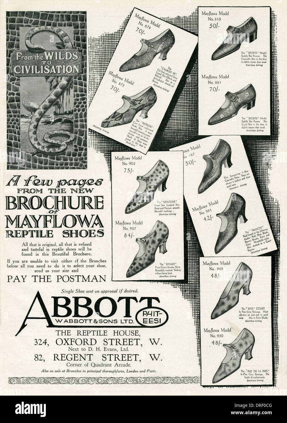 Publicité pour les chaussures Mayflowa reptile pour femmes 1926 Banque D'Images