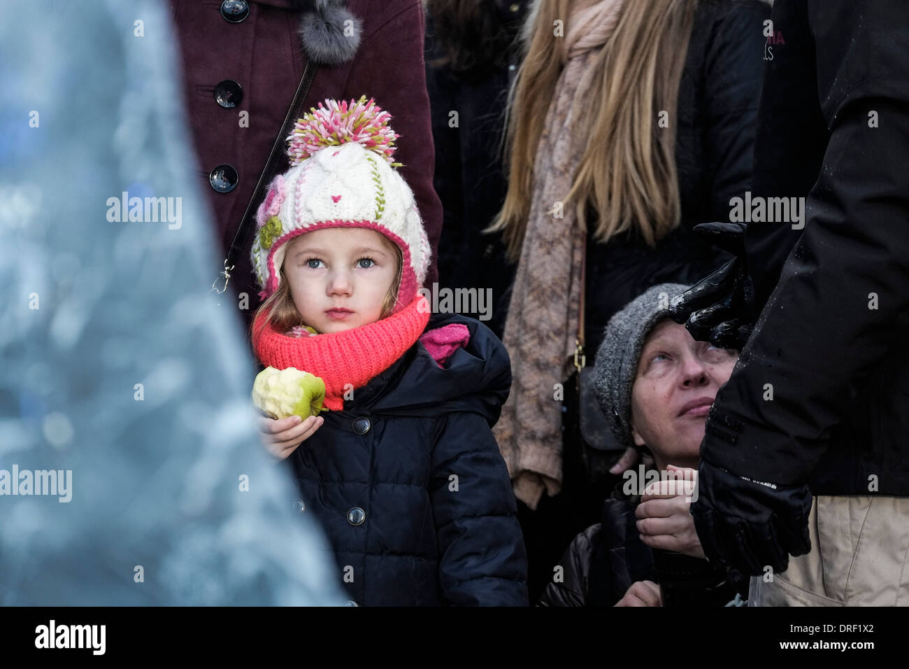 Une petite fille fascinée par l'exposition au London Festival des sculptures en glace 2014. Banque D'Images