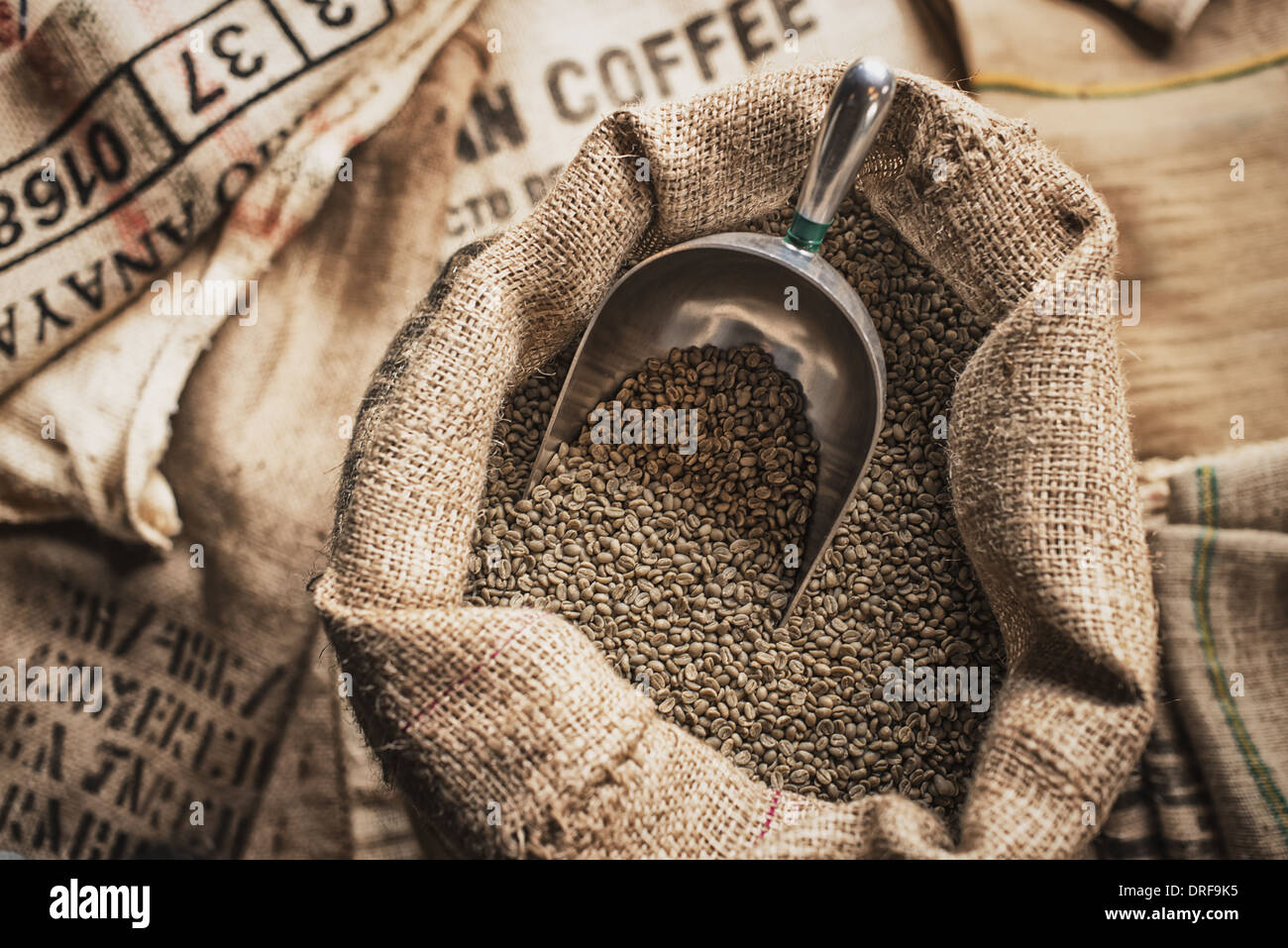 L'état de New York, USA Les sacs en toile de jute café beans traitement bean shed Banque D'Images