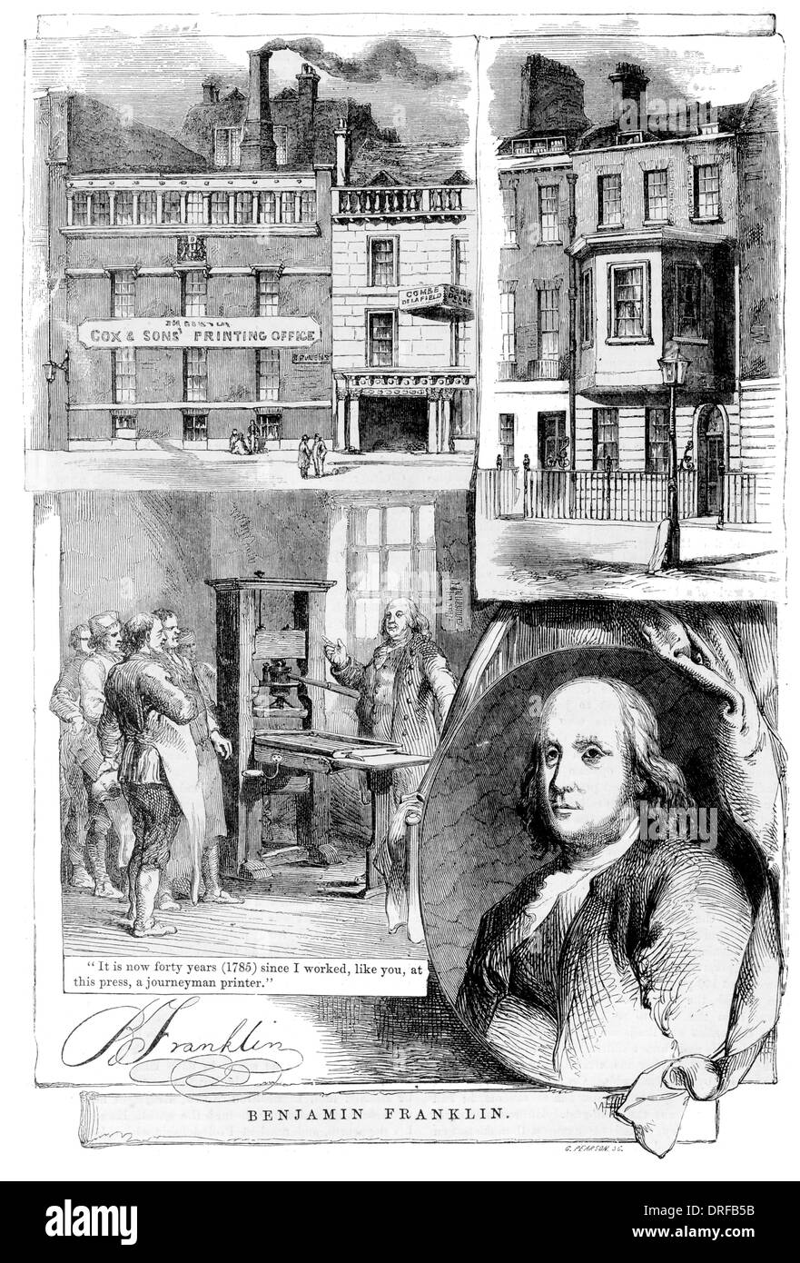 Benjamin Franklin. L'imprimerie MM. Cox, frères, Great Queen Street, Lincoln's Inn Fields. La maison qu'il résidait à. Banque D'Images