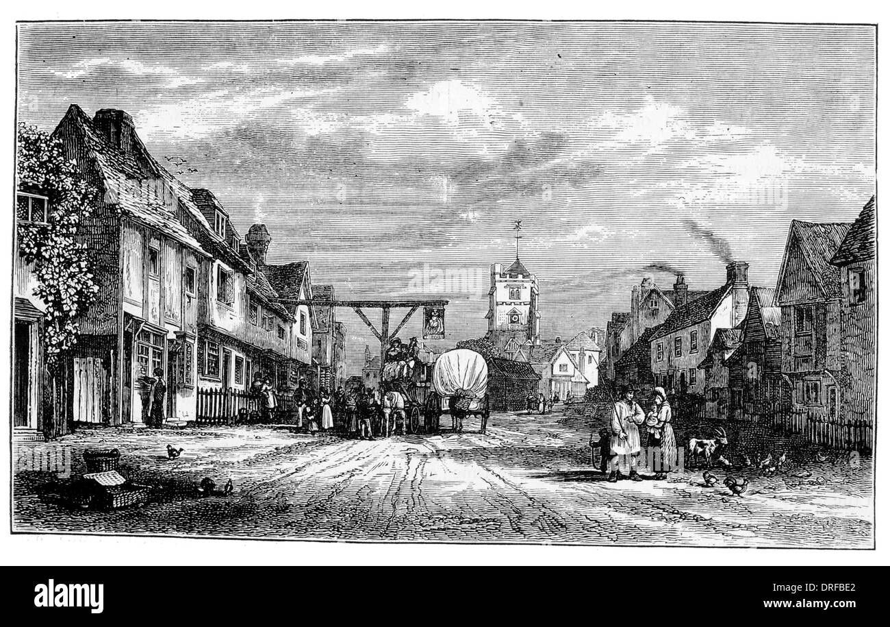 La Queens Head Pub et Pinner High Street, Middlesex London circa 1828 Banque D'Images