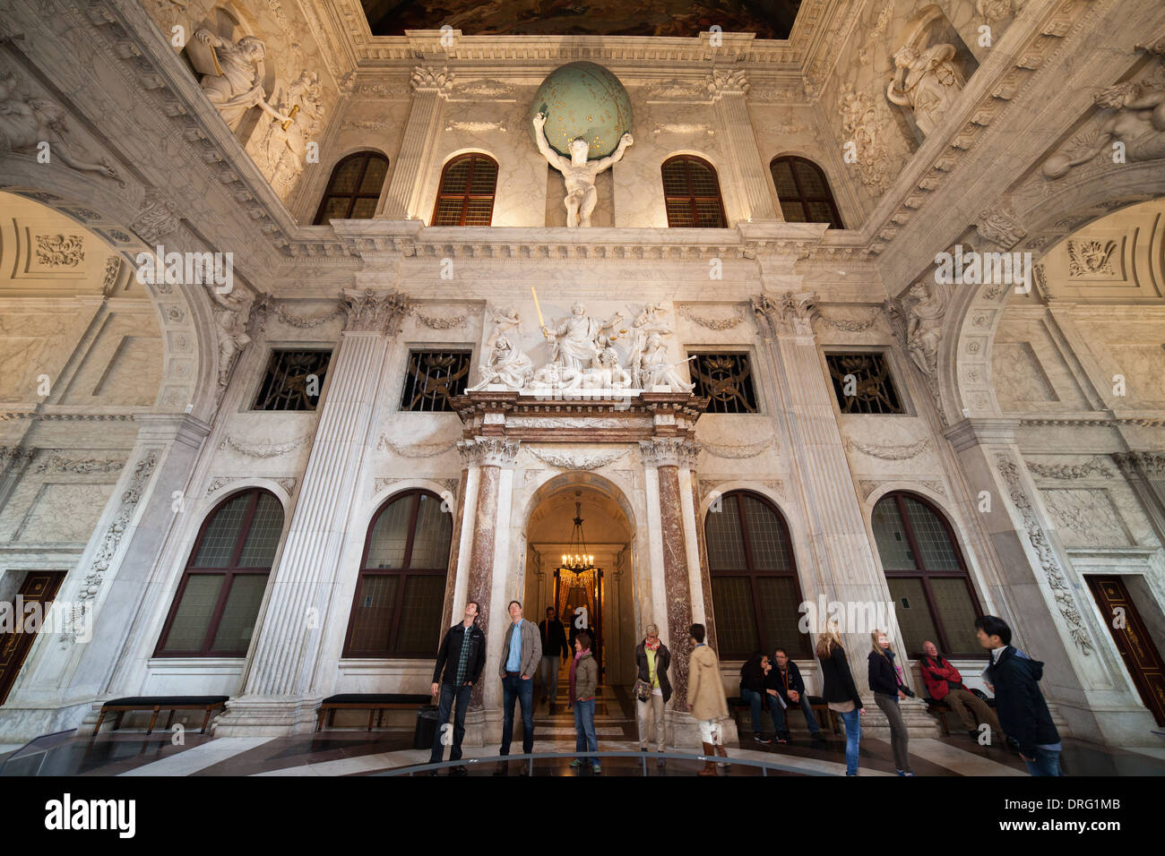 Hall des citoyens, de l'intérieur du Palais Royal (néerlandais : Koninklijk Paleis) à Amsterdam, en Hollande, aux Pays-Bas. Banque D'Images