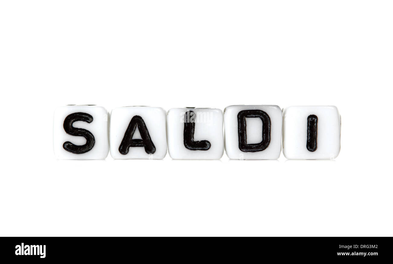 Dés avec des lettres formant word : saldi. Banque D'Images