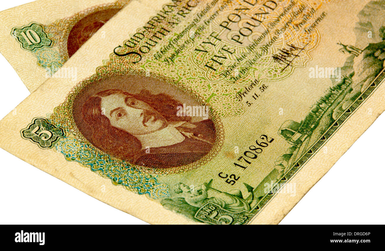 L'Union coloniale historique vintage de banque de l'Afrique du Sud et cinq billets de banque de dix livres Banque D'Images