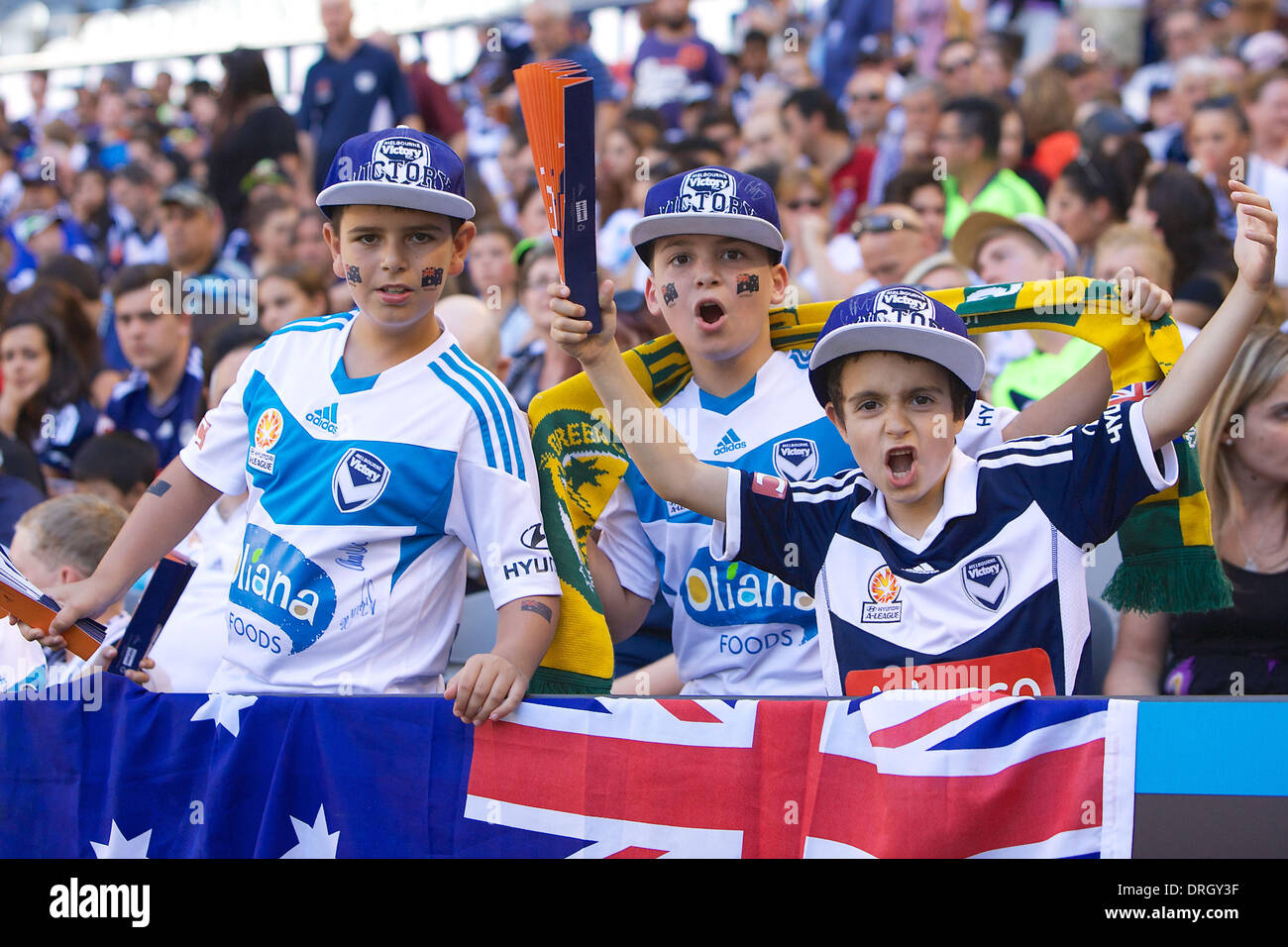 Melbourne, Australie. 26 janvier, 2014. Melbourne Victory fans appréciant le moment, pendant le match entre 16 et Sydney Melbourne Victory FC pendant l'Australian Hyundai A-League saison 2013/2014 à l'Etihad Stadium, Melbourne, Australie. Crédit : Tom Griffiths/ZUMAPRESS.com/Alamy Live News Banque D'Images