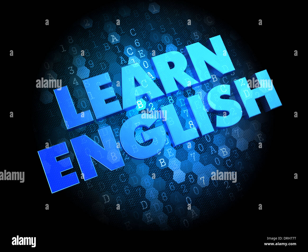 Apprendre l'anglais sur fond numérique sombre. Banque D'Images