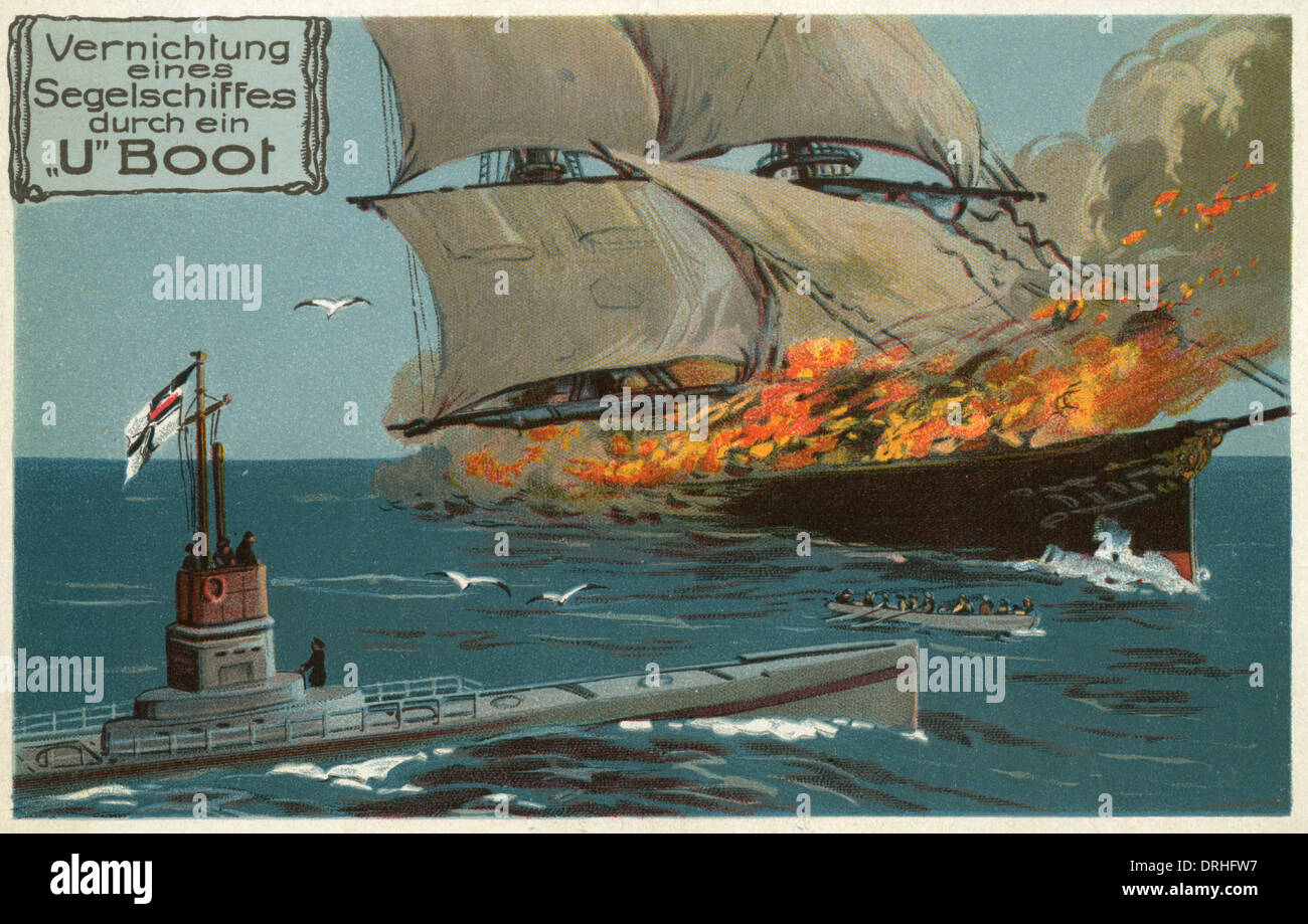 Carte postale allemande, U-Boat et la voile de bateau, WW1 Banque D'Images