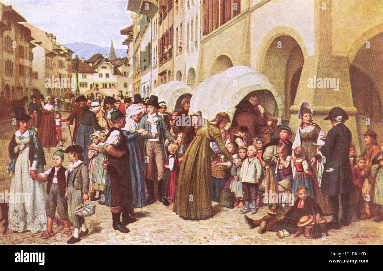 Les enfants arrivent à Morat - Guerre de 1798 Suisse Banque D'Images