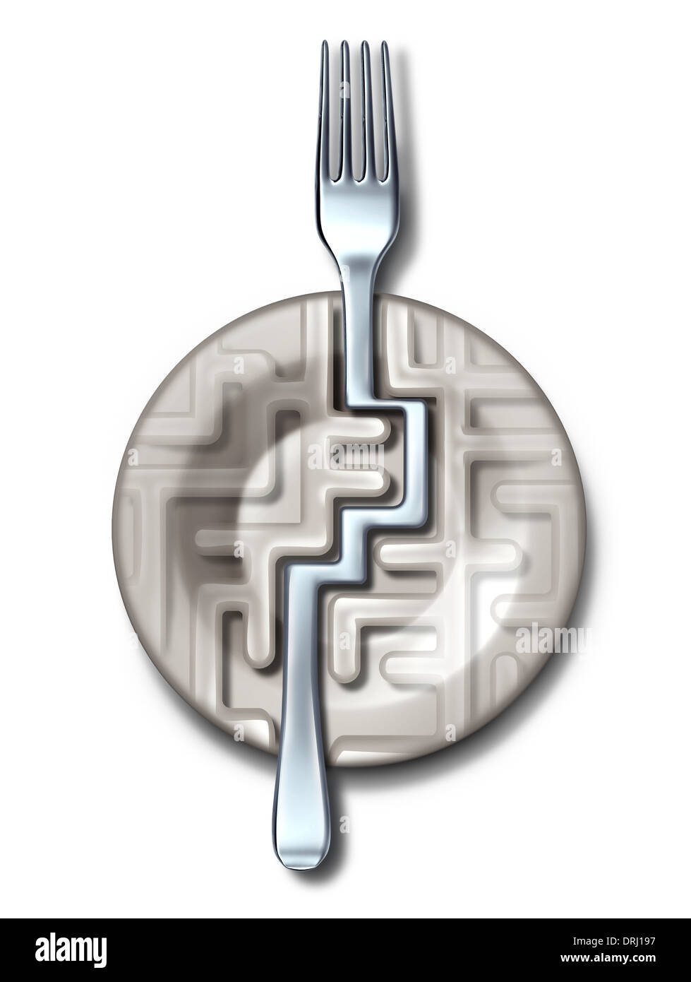 Le succès de régime alimentaire et solutions guide comme une plaque dans la forme d'un labyrinthe ou de labyrinthe avec une fourchette d'argent à trouver la réponse à l'énigme de métaphore pour manger un régime de remise en forme des questions et défis sur un fond blanc. Banque D'Images