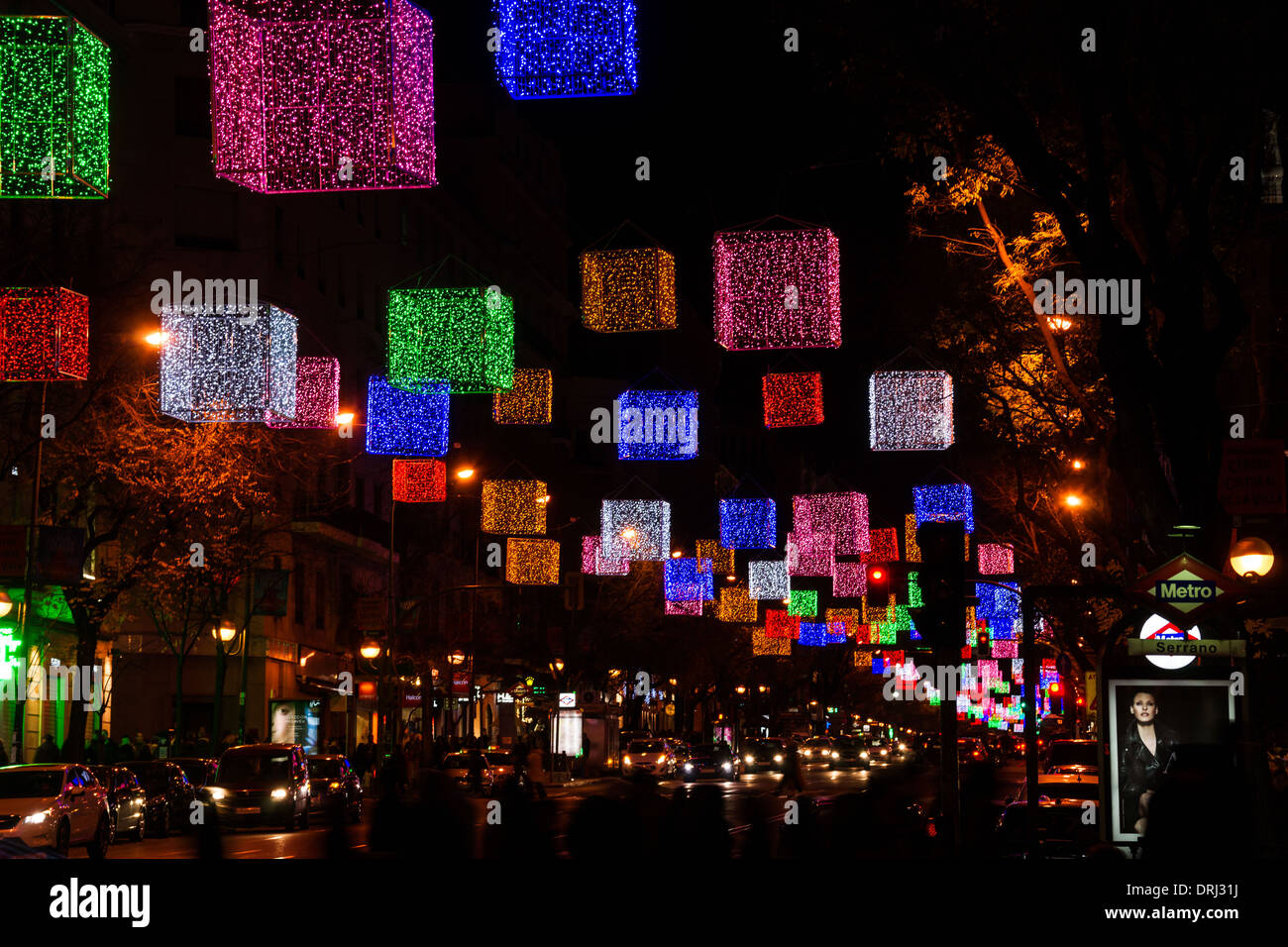 Calle de la rue Goya à Madrid avec des décorations de Noël Banque D'Images