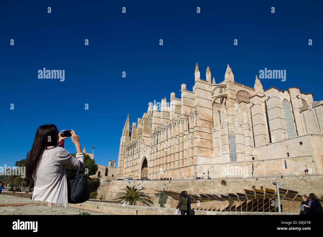 Cathédrale de Palma, femme touristique photographiant, îles Baléares Catalogne Espagne Banque D'Images