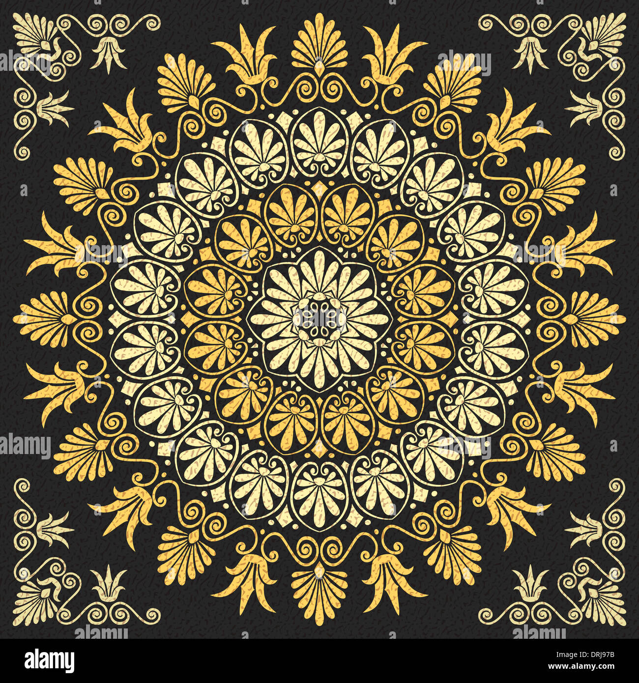 Set vintage traditionnel grec floral ornament or sur fond noir Banque D'Images