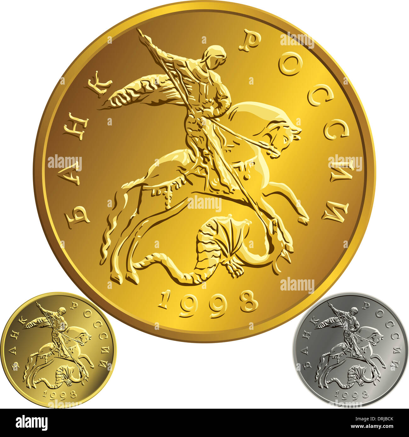 Ensemble de la Fédération de l'argent, l'or, de l'argent monnaie rouble avec l'image de Saint Georges terrassant le serpent, isolé sur fond blanc Banque D'Images