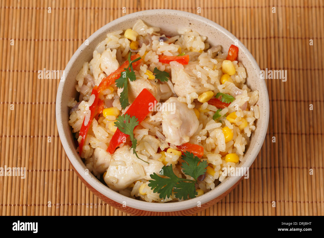 Riz frit au poulet, contenant de la capsicine, le riz, l'ail, l'oeuf, dans un bol d'en haut Banque D'Images