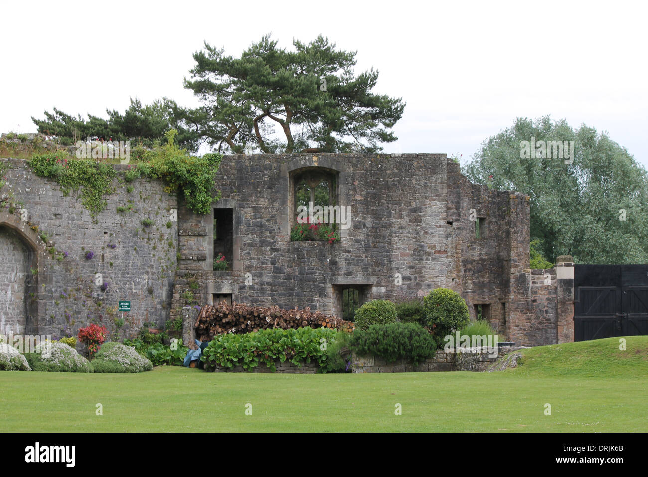Mur de château, des fenêtres, des fleurs dans la fenêtre, la forêt entourant, jardin avec pelouse, pelouse Banque D'Images