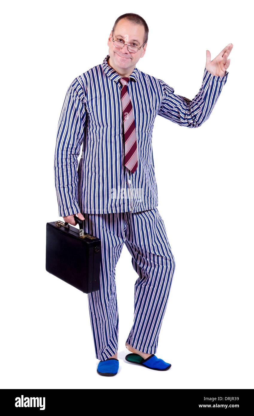 L'homme en pyjama avec suitcase Banque D'Images