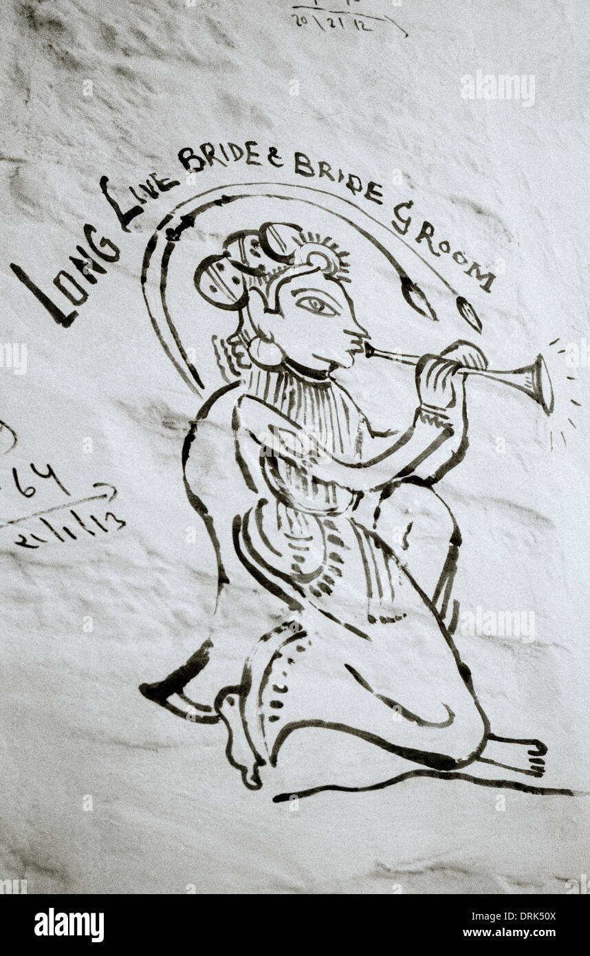 Graffiti de mariage à Jaisalmer au Rajasthan en Inde en Asie du Sud. Billet d'Art Street Wanderlust Culture Les Indiens mariage hindou Asiatique Banque D'Images